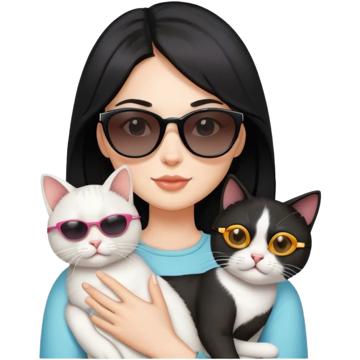 A black haired white female holding a cat, the cat is wearing sunglasses emoji