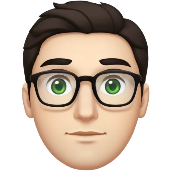 young man with pale skin, larger face, bigger nose, thick dark eyebrows, dark tall voluminous slightly wavy hair styled up high on head but not curly, wearing glasses with green eyes and very light stubble, with a slight smile emoji
