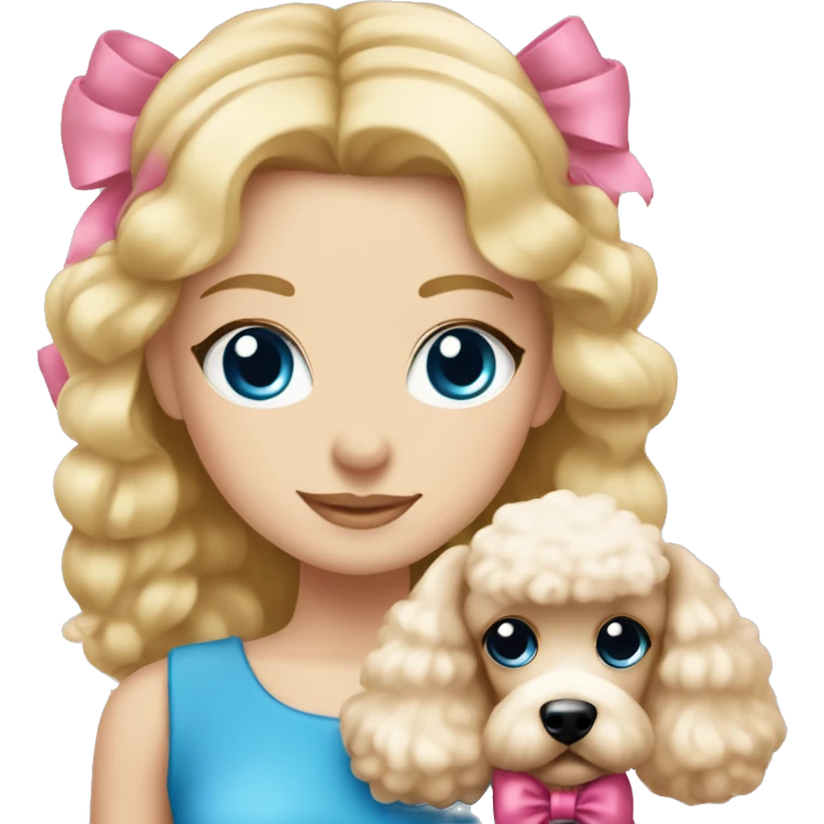 Blonde girl with blue eyes holding a poodle with a pink bow ￼ emoji