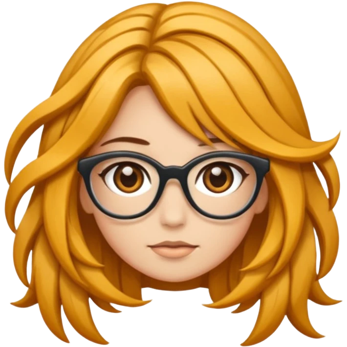 Uma garota de cabelos encaracolados compridos e mechas bem loiras, com pele morena  e óculos emoji