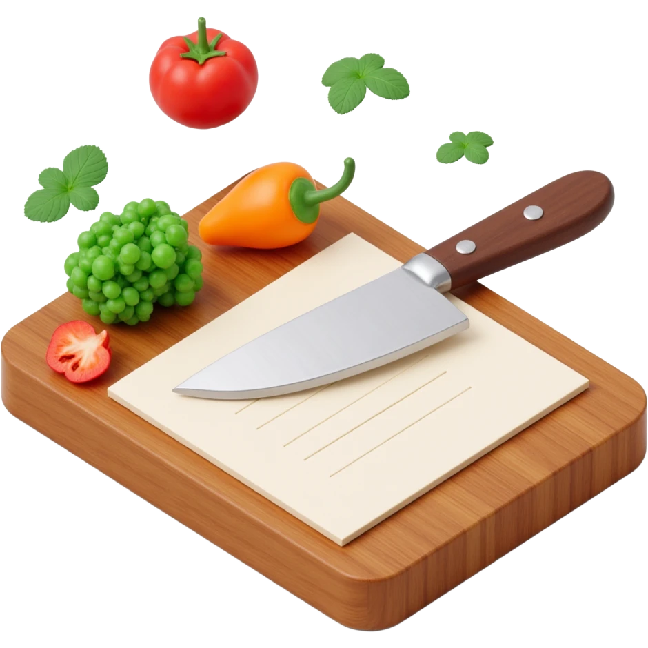 Floating Ingredients Around a List(without text) on the wooden cutting board emoji
