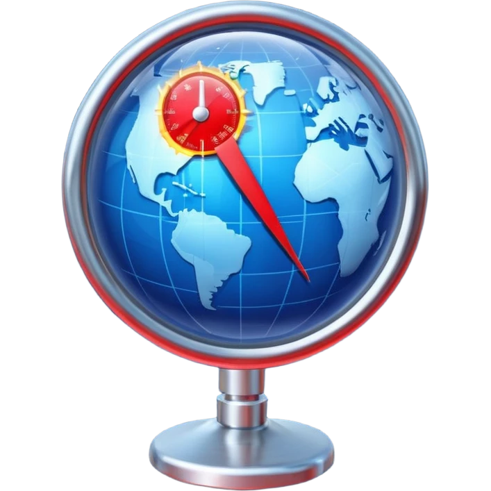 Blue Earth sphere, tilted. Prominent, oversized, fiery red thermometer/gauge, embedded. Indicator peaking 'danger' zone emoji