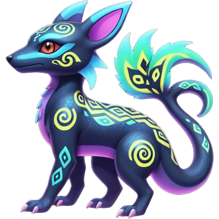 Colorful Neon Exotic Salandit-Aurorus-Umbreon-Fakémon-hybrid-creature (full body) with iridescent tribal markings emoji