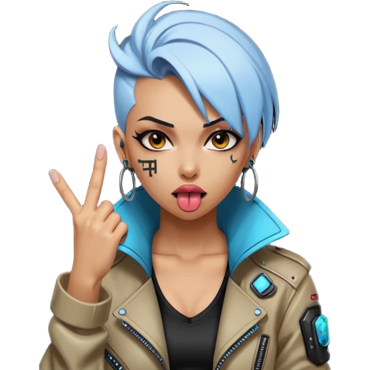 Woman with her tongue out in cyberpunk clothing and giving the middle finger. Looking naughty. emoji