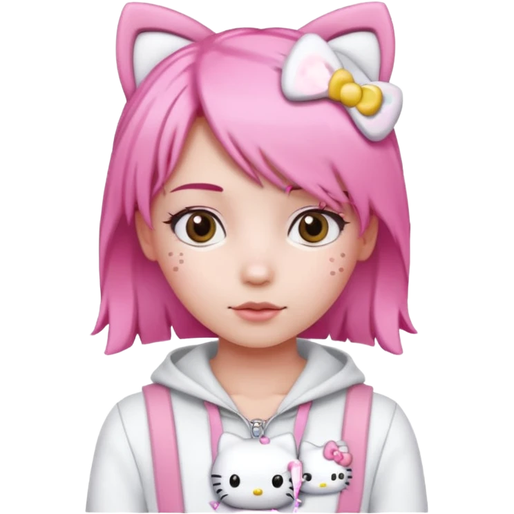 Female pink hair Wearing white and light pink clothing with hello kitty accessories emoji