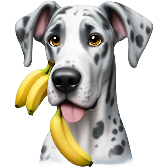 Blue Merle Great Dane holding a banana emoji
