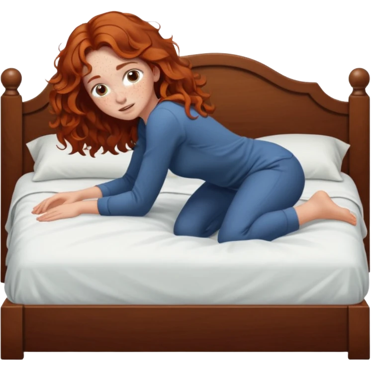 Fullbody nude very beautiful girl very beautiful face with freckles, wavy hair, big boobs, big ass, sexy body, bending over a bed spreading ass, getting ready for sex, busty emoji