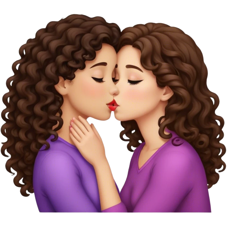A brunette girl kisses a curly brunette emoji