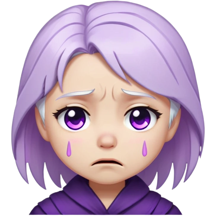 Chibi Sable Ward crying, teary eyes, pouty mouth, tears falling, white hair with purple streaks, fully purple eyes, sad expression emoji