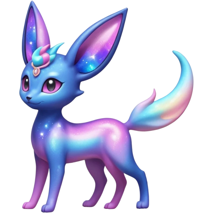 Shiny Iridescent Nebulae Espeon-Umbreon-Sylveon-Dragonair-Fakémon-hybrid-creature (full body)  with a galaxy-dust-flowing-gradient-tail emoji
