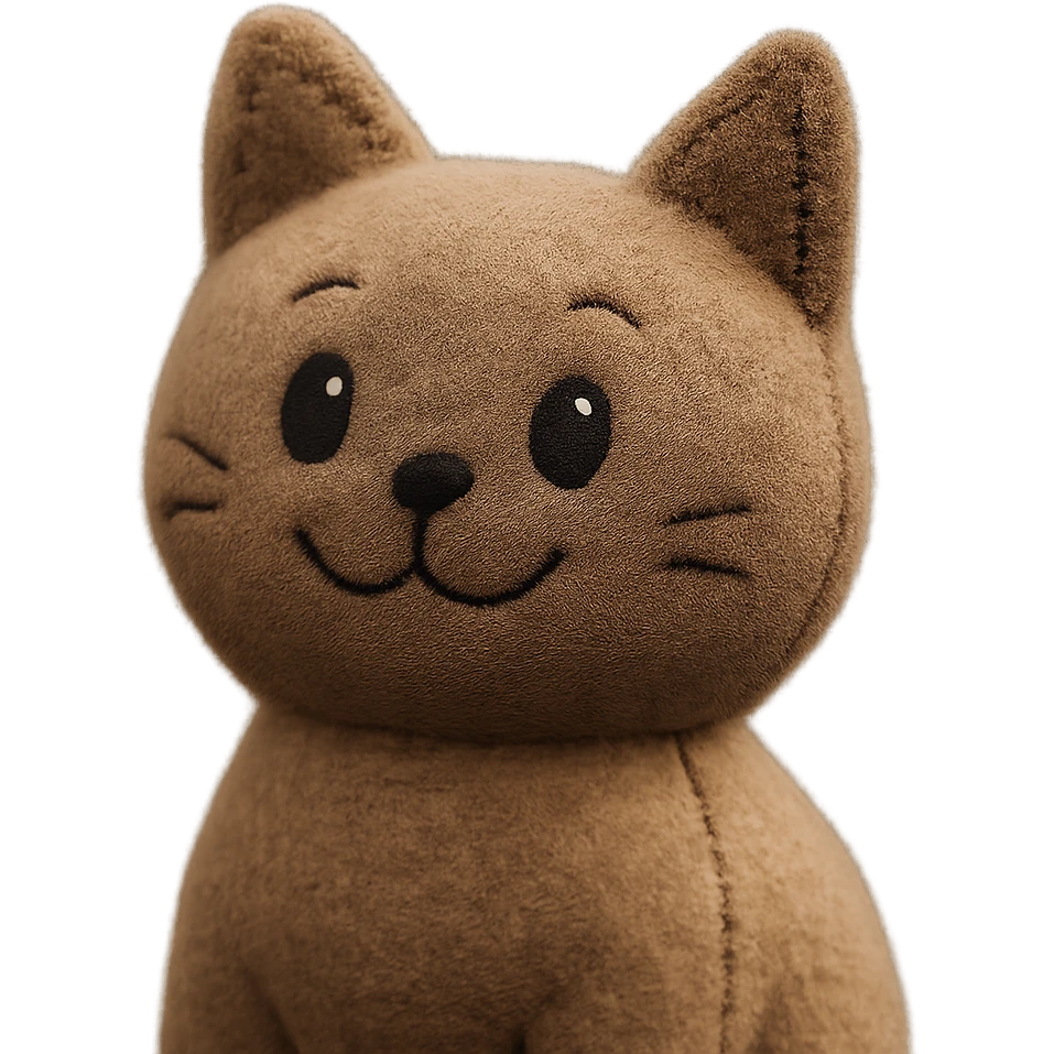 a smiling cat plush portrait, soft and cuddly emoji