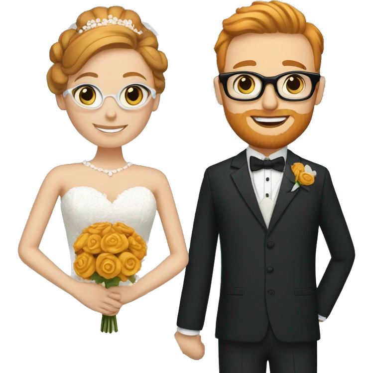 A bride and groom. Bride has dark blonde hair in a bun, blue eyes, wears a lace dress. Groom has ginger hair, wears black glasses, and a dark blue suit emoji