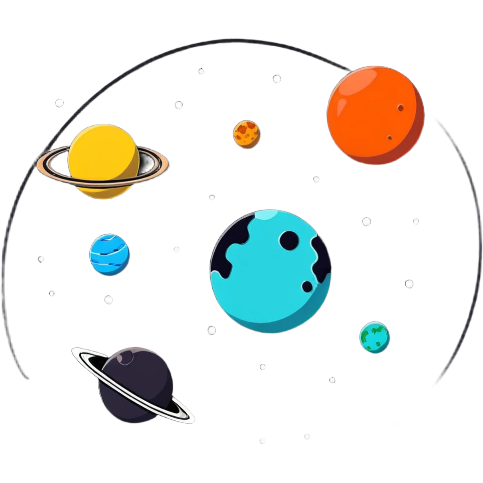 Bright planets and stars floating, white background, high saturation, colorful emoji