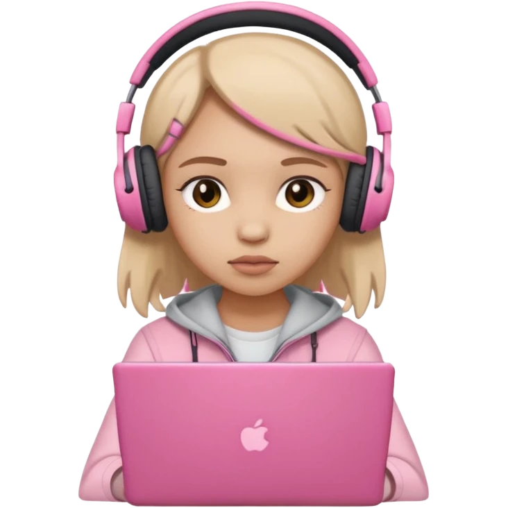 a girl with a pink laptop with headphones, color outline icon style, looking sad emoji