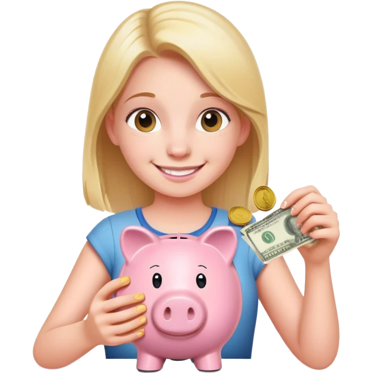 smiling girl carefully putting coins and bills into piggy bank emoji