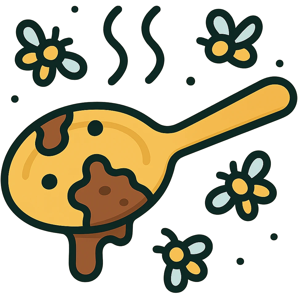 Add flies buzzing around the very dirty, used spoon with foul odor vapors. Maintain icon style with clear lines and a simple color palette. Preserve transparent background. emoji