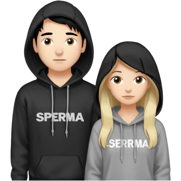 I want it to be this emote 🙍‍♂️
of a guy with black hair and a black sweatshirt with the word "sperma" written in white in the middle. Behind him, there's a pretty blonde with long hair, pulling the string on the first person's hoodie. The girl is wearing a gray sweatshirt. emoji