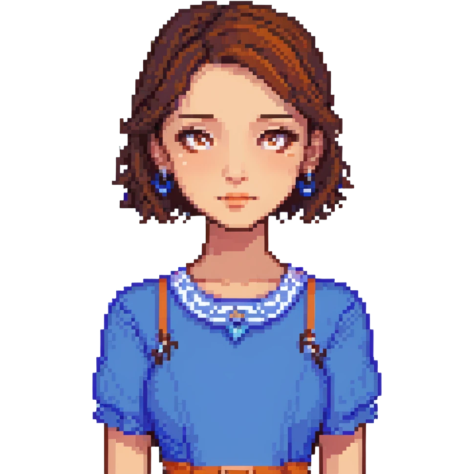 A pixel art girl with brown eyes, short brown hair without bangs, and a septum piercing, wearing a blue dress. emoji