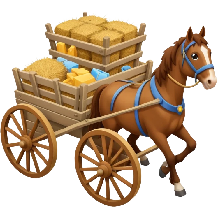 horses pulling a cart, isometric view, emoji style, cart with hay emoji