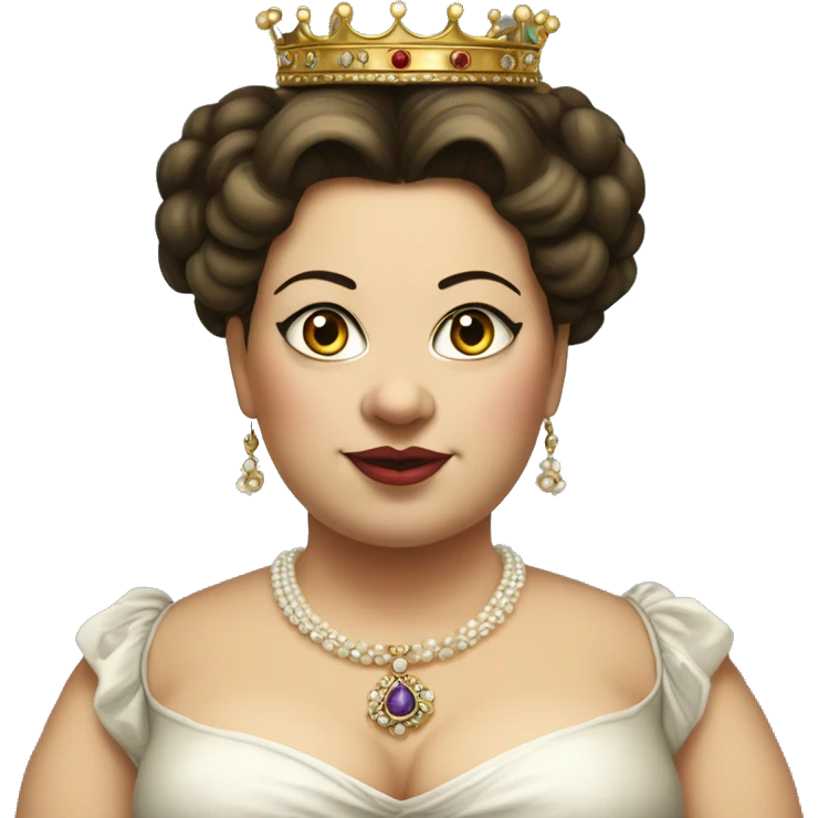 Chubby 35 year old female queen with large breasts. Her hair is dark and tied back, her eyes are light and a bit wide apart. She wears a queen's dress from 1890 and a lot of jewellery such as pearl necklaces, earrings and a crown. emoji