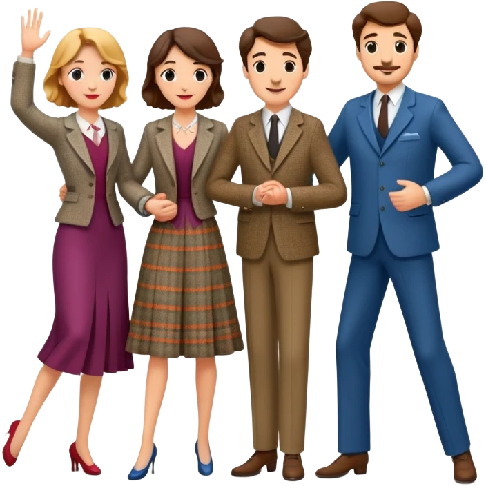 A theater set containing three couples, a suit and dress pair, a philosophy professor and dance teacher, and a young French couple emoji