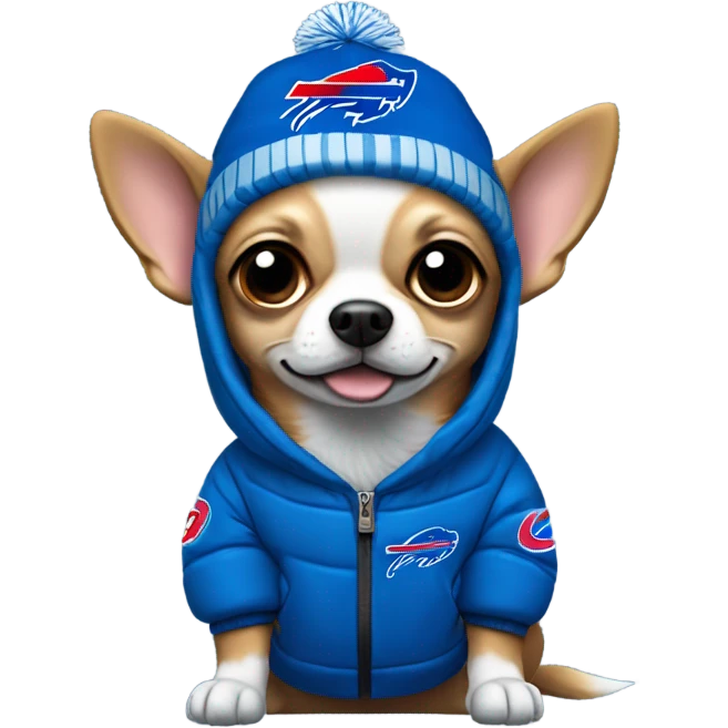 Chihuahua with a Buffalo Bills winter outfit emoji
