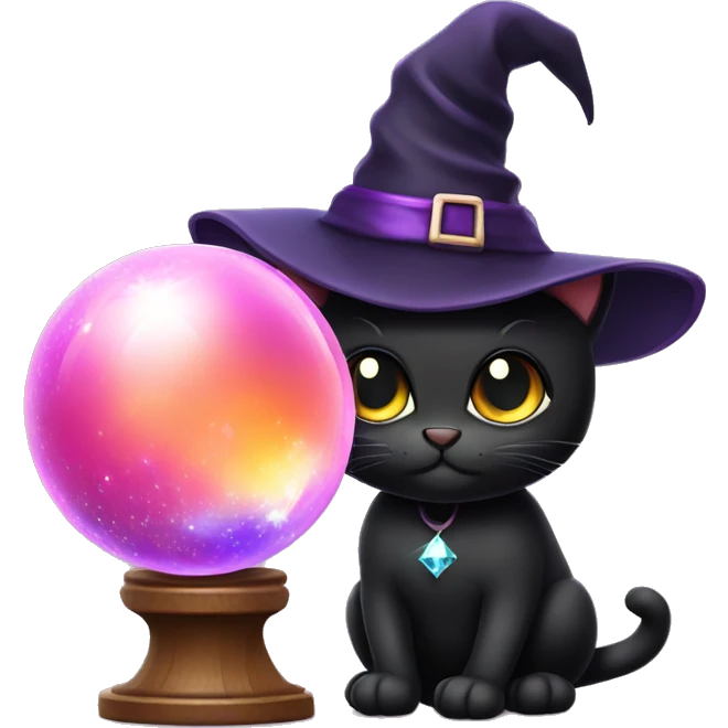 Black cute cat with crystal ball and witch hat emoji