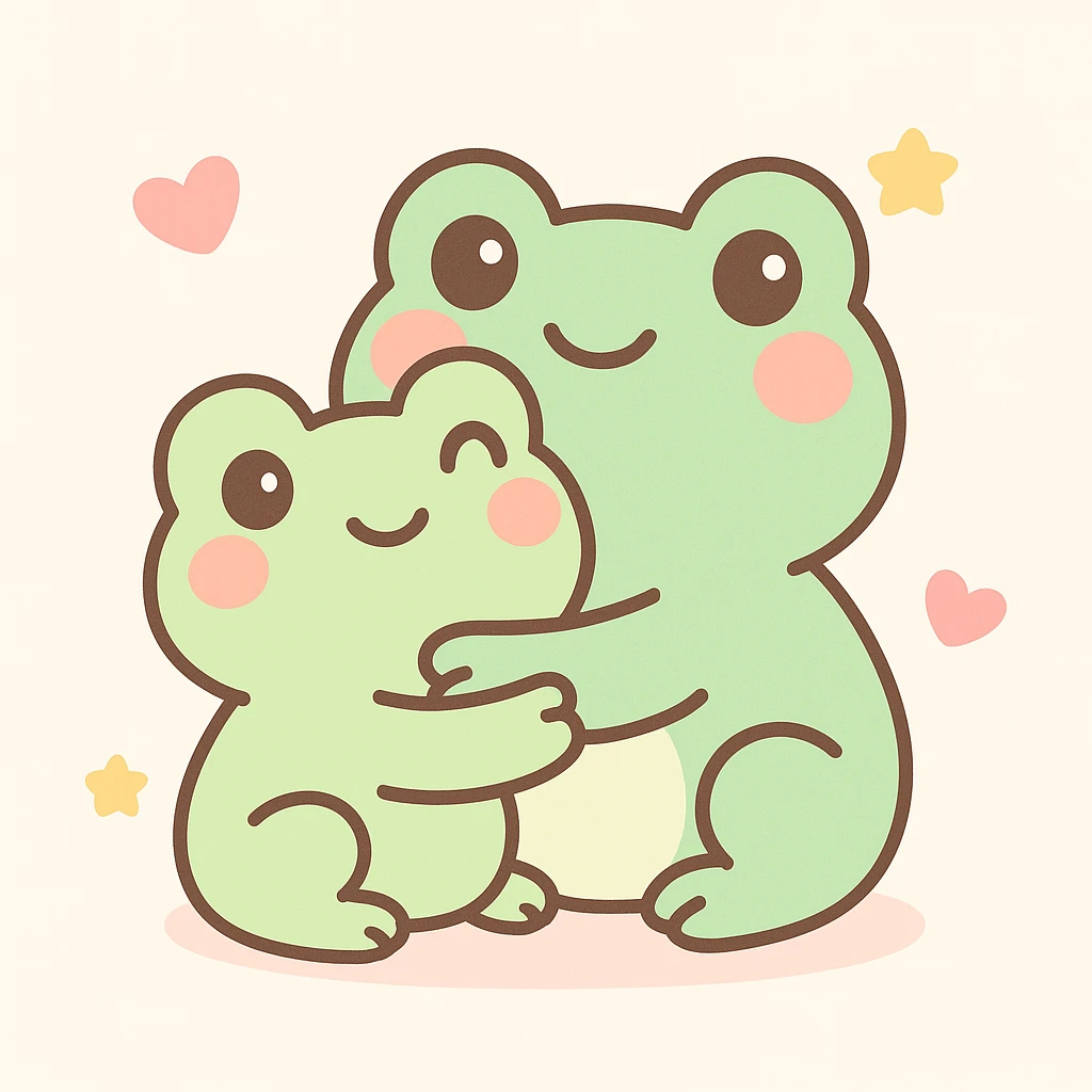 frog friends hugging, playful style emoji