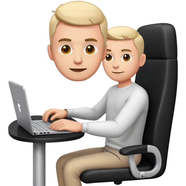 Emoji-style adult man coding at a PC on a black chair and table. Modern 3D emoji look, clean and expressive. emoji