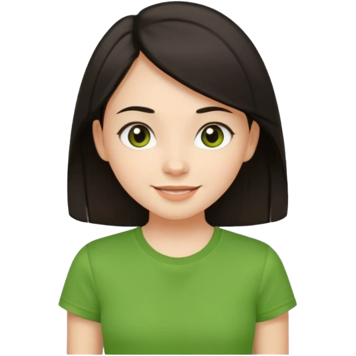 Young girl with straight, dark hair, well-groomed and pretty, wearing a green T-shirt, with a happy and lively expression. emoji