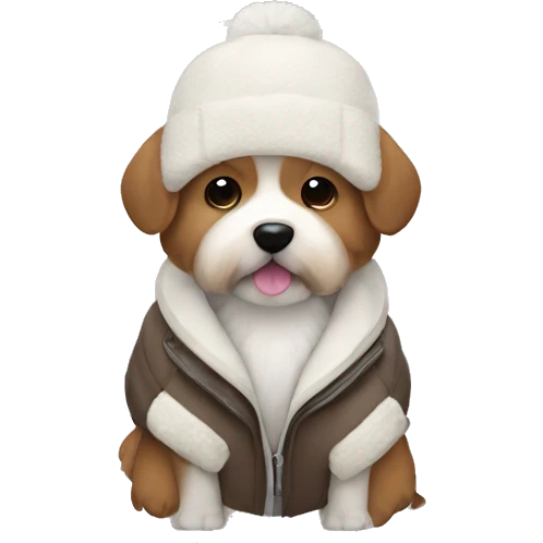 cute small brown fluffy dog with a white benie and jacket on emoji