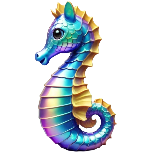 Cinematic Realistic Cute Sea Horse Portrait Emoji, Head tilted playfully and inquisitively, featuring a delicate, curvaceous form with intricately rendered, iridescent scales and a charming, expressive face with round, sparkling eyes full of gentle curiosity, high shine, affectionate and whimsical, styled with a touch of aquatic magic, soft glowing outline, capturing the essence of a mischievous yet lovable sea horse that seems poised to flutter out of the screen into your embrace! emoji