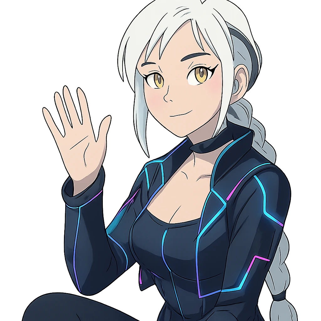  she is waving hello greetings, a closeup portrait of young woman with gold yellow eyes, white hair, long braid, black off-shoulder top d-cup, punk gothic style, futuristic cyberwave cyberpunk, sitting position
 emoji