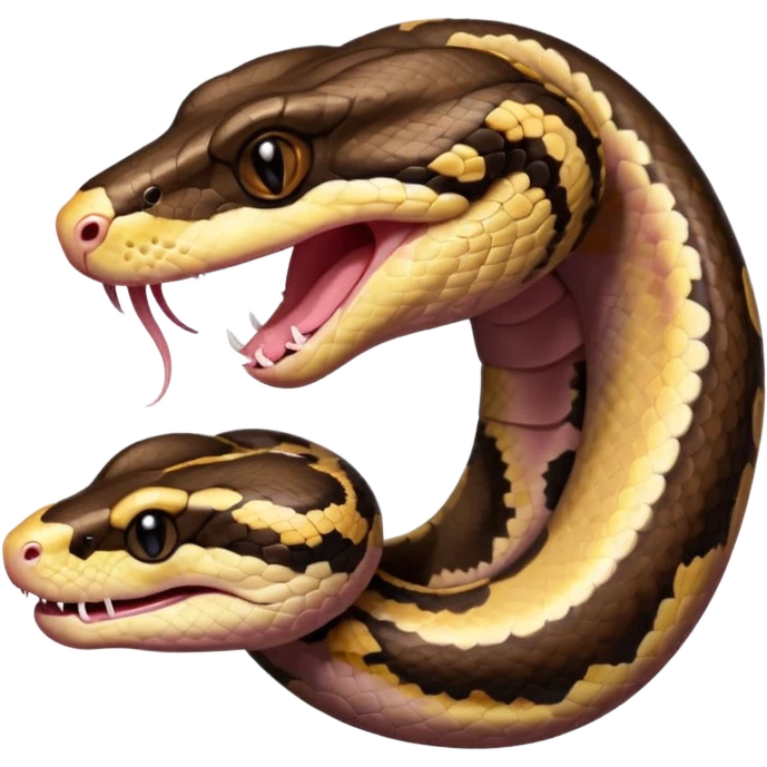 A photo-realistic digital illustration of a Ball Python, large headshot portrait. The snake has a short, rounded snout, smooth contours, and a wide, slow yawn exposing its soft pink mouth. Its head is warm brown with bold, irregular dark markings, including the signature “alien-head” pattern. emoji