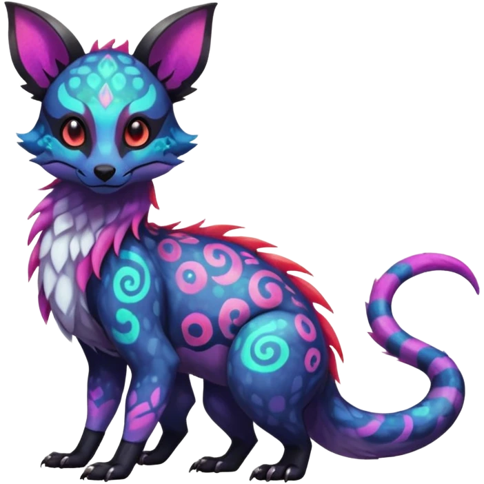 Rare neon iridescent white exotic cute epic aesthetic gothic colorful Salandit-Eevee-Civet-species-Fakemon-hybrid-creature, with intricate tattoo markings, full body emoji
