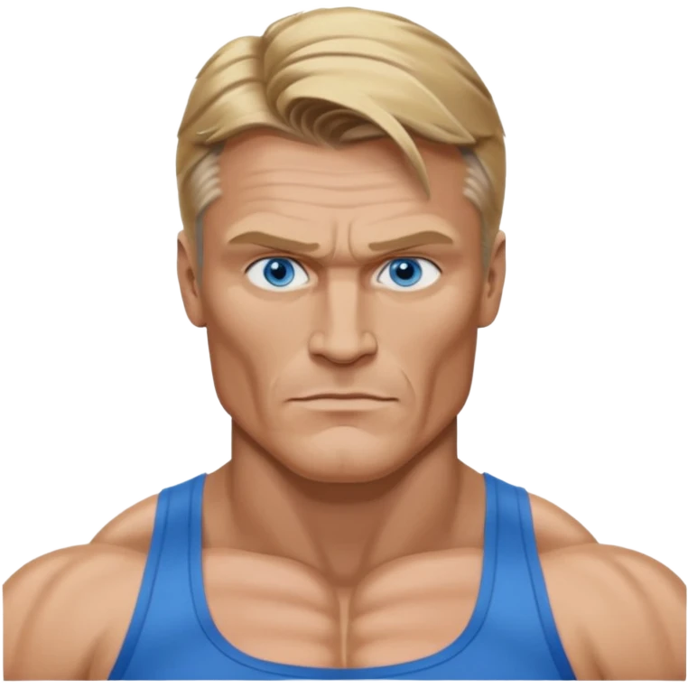 Dolph Lundgren with blue eyes, dark blonde hair, muscle body emoji