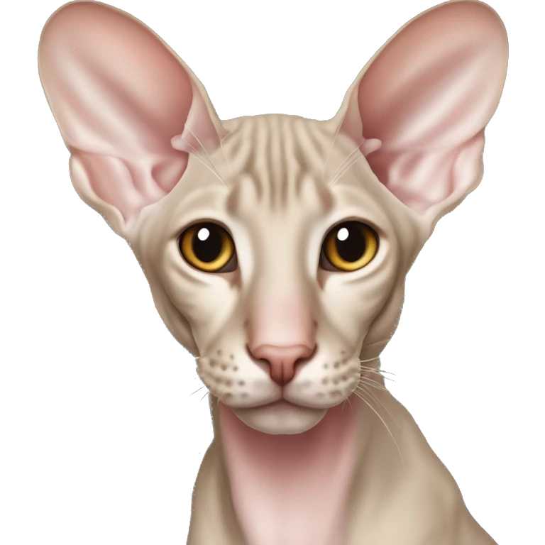 “Realistická Peterbald mačka s nahou kožou, veľké uši, sfarbenie v siamskom štýle (svetlé telo s tmavšími končekmi labiek, uší a chvosta), svetlo modré oči, detailný a emocionálny vzhľad.”  emoji