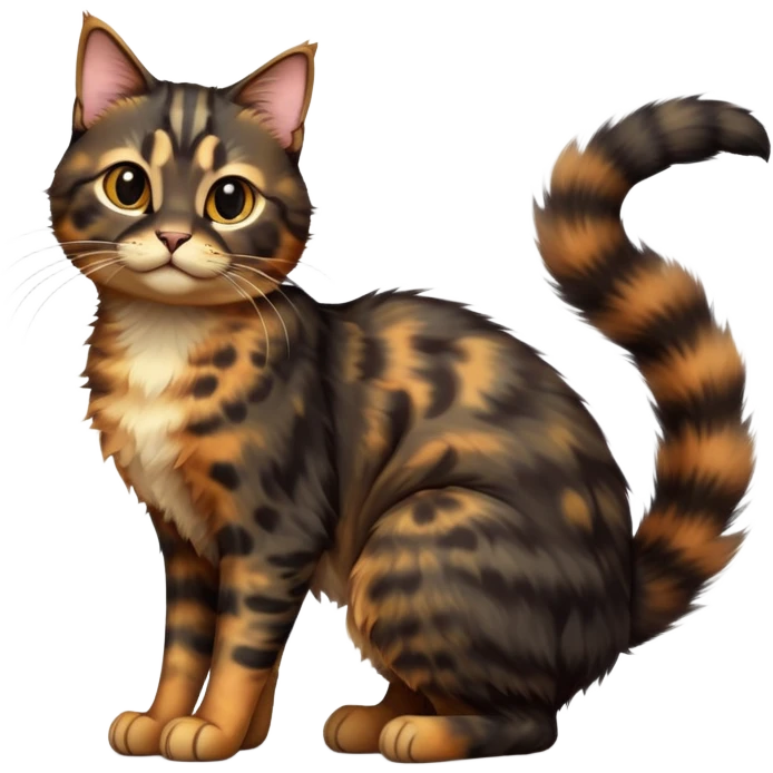 cinematic-[tortoiseshell tabby cat]-realistic-full-body-sitting-emoji,-tail-curled-playfully-around-its-paws,-head-tilted-dramatically,-scruffy-[dark black tortoiseshell coloured]-fur,-simplified-yet-realistic-focused-features,-highly-detailed,-glowing-with-an-almost-sarcastic-glow emoji