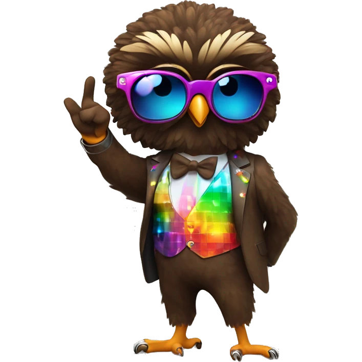  A cute short stubby brown owl with a black Afro and disco sun glasses and a colorful disco suit doing a pose with one finger in the air full body dance emoji
