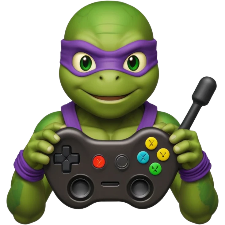 Donatello from Teenage Mutant Ninja Turtles, emoji style, holding a joystick emoji
