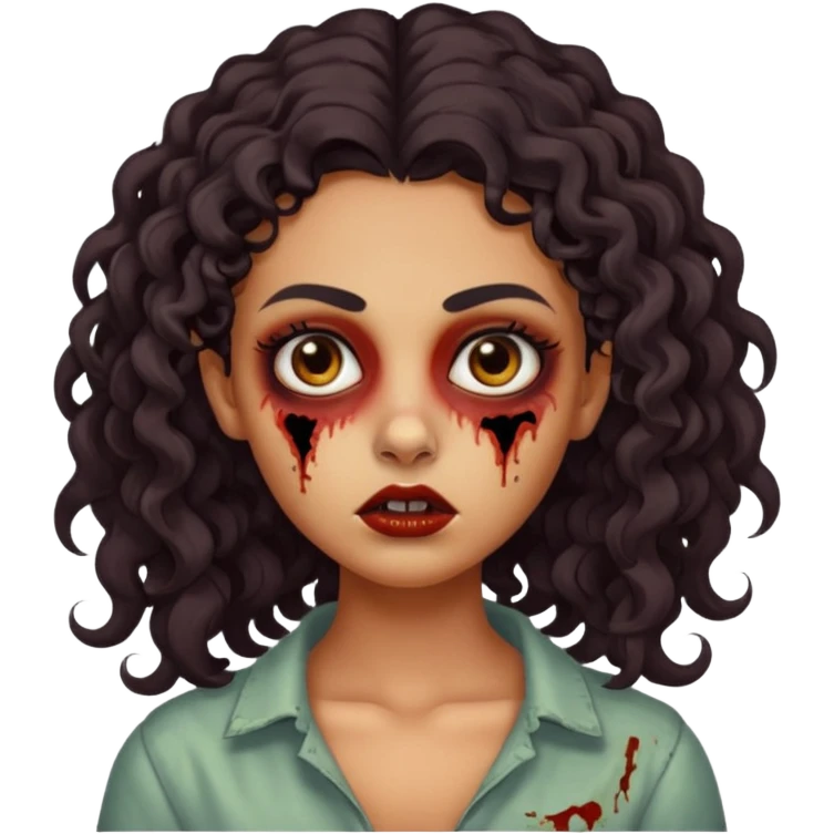 Create a zombie emoji inspired by a young woman with tanned skin, an oval face, large dark eyes, defined eyebrows, a small nose, and medium lips. Her hair should be long, curly, and dark.  emoji