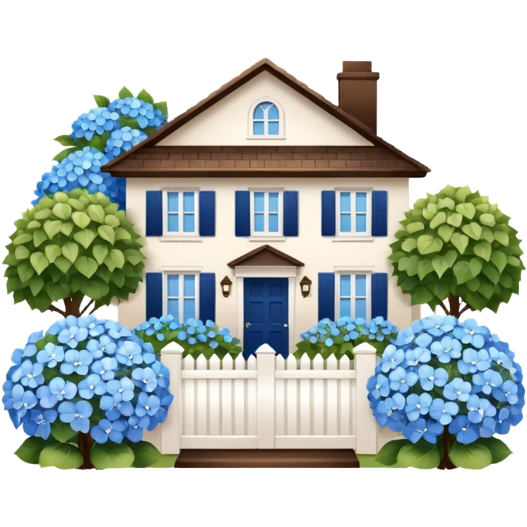 Brown house, white shutters, white fence, blue hydrangeas all over emoji