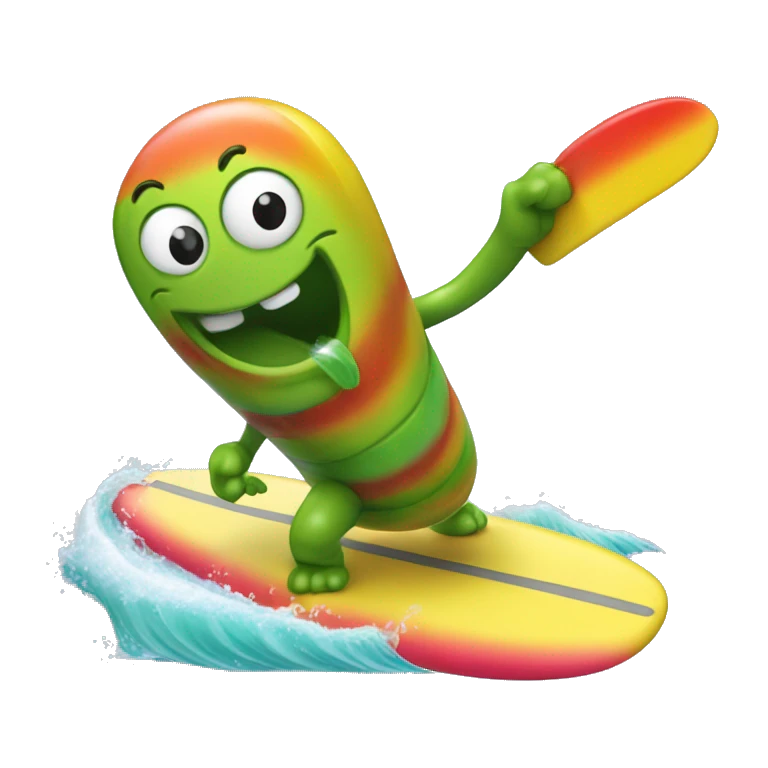 Gummy worm riding surf board emoji