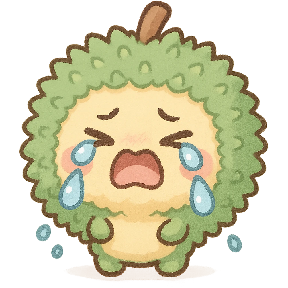 chibi style soft fluffy round durian character with green spiky shell and yellow flesh, crying dramatically with big teardrops, pastel colors, full-body emoji