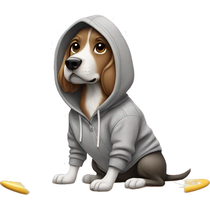 Dog with a hoodie and gray sweatpants with crocs on a surfboard emoji