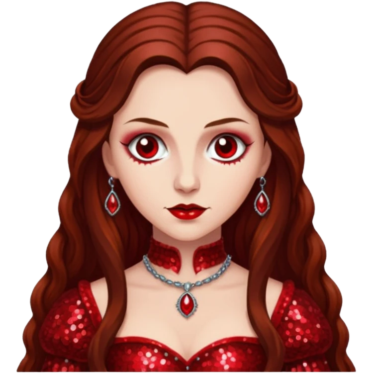 Countess Bathory with long brown hair, red sequin outfit emoji