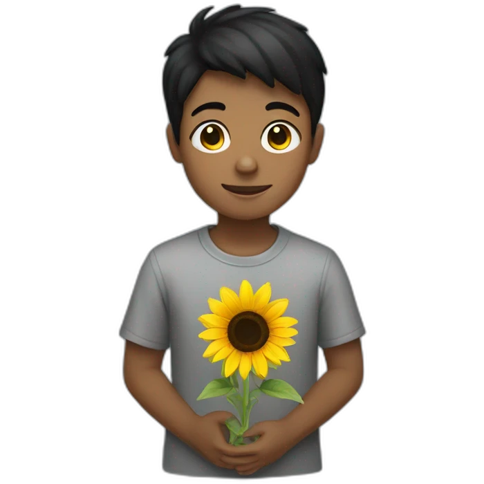 Short black hair boy holding sunflower emoji