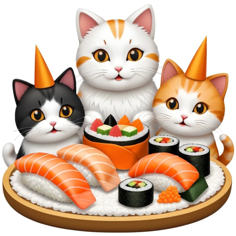 Group of nine cats having sushi at a birthday celebration emoji
