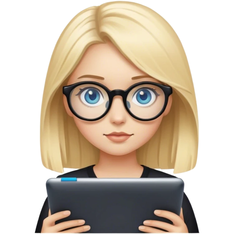 
girl with blond hair, fair skin and blue eyes in black rounded glasses with a graphics tablet emoji