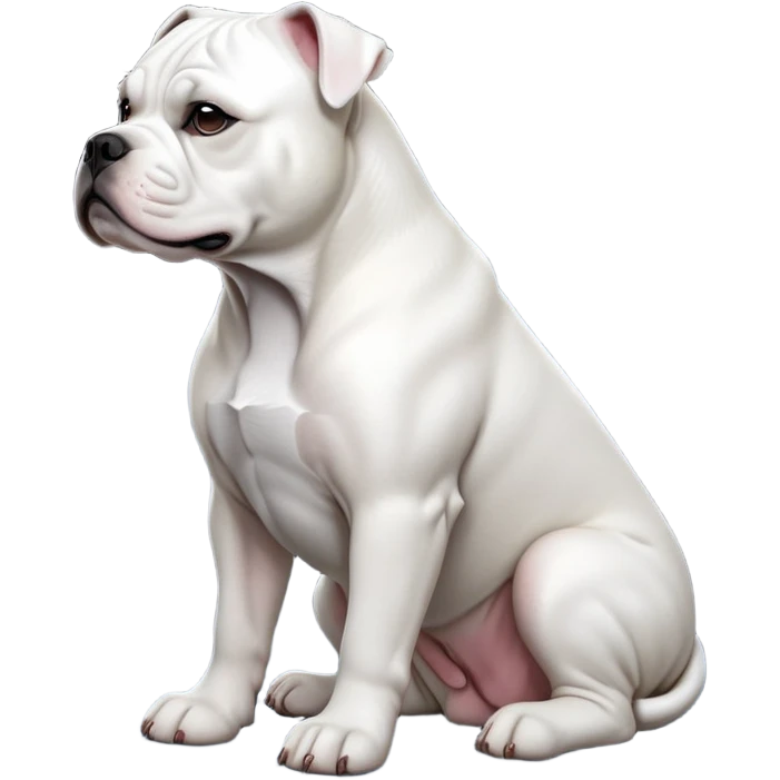 cinematic-[solid white american bulldog]-realistic-full-body-sitting-emoji,-tail-resting-loosely-beside-its-paws,-head-tilted-dramatically,-sleek-[solid white]-fur,-simplified-yet-realistic-focused-features,-highly-detailed,-glowing-with-an-almost-sarcastic-glow emoji